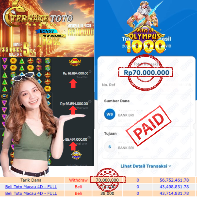 TERNATETOTO - JACKPOT SLOT GATE OF OLYMPUS 1000   Rp. 70,000,000,-